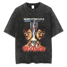 T-shirt manga club en coton noir avec motif graphique de deux boxeurs anime et texte japonais revenge en rouge