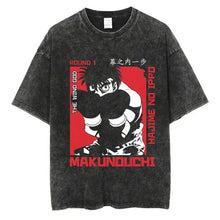 T-shirt manga club en coton noir distressed avec graphique rouge et blanc du personnage halime no ippo du vent dieu
