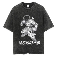 T-shirt manga club de boxe en coton noir délavé avec illustration en ligne blanche d’un boxeur et texte japonais