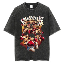 T-shirt manga club en coton noir distressed avec un graphisme animé de boxeurs et texte japonais esthétisant