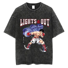 T-shirt manga club de boxe en coton noir avec motif animé de boxeur et texte lights out en lettres épaisses