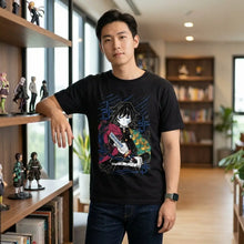 T-shirt noir à manches courtes avec impression colorée et détaillée de muichiro tokito de demon slayer giyu tomioka