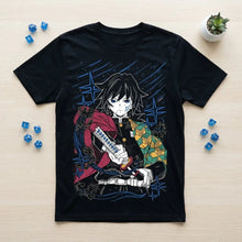 T-shirt demon slayer giyu tomioka noir à manches courtes avec graphisme vibrant de tanjiro kamado sur fond étoilé bleu