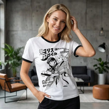 T-shirt manga duo blanc avec bord noir et graphique anime noir et blanc de duo d’action re zero