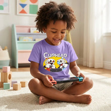 T-shirt enfant cuphead violet avec personnages de dessin animé pour jeunes gamers passionnés de gaming