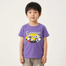 T-shirt enfant cuphead violet avec graphique coloré cuphead souriant tenant une manette pour jeunes gamers