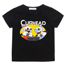 T-shirt enfant cuphead noir avec graphique vif des personnages cuphead jouant à une console pour jeunes gamers