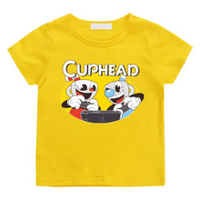 T-shirt enfant cuphead jaune vif en coton avec design cartoon cuphead et lettrage blanc pour jeunes gamers