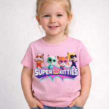 T-shirt enfant super kitties summer rose avec motifs colorés de chatons superhéros pour journées actives