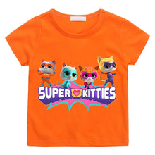 T-shirt enfant super kitties summer orange avec graphique coloré de quatre chats en costume de super-héros pour journées actives