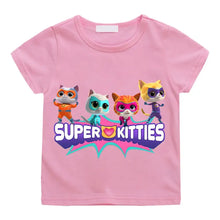 T-shirt enfant super en coton rose avec imprimé coloré super kitties summer pour journées actives