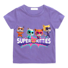 T-shirt enfant super violet avec super kitties summer graphique coloré pour journées actives estivales