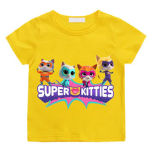 T-shirt enfant super kitties summer jaune vif avec graphique coloré de quatre chats super héros pour journées actives