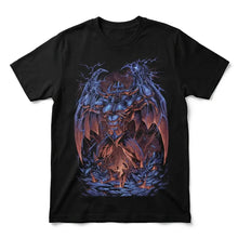 T-shirt géant fantastique noir avec figure démoniaque musculaire ailée et effets de foudre bleu yu-gi-oh obelisk