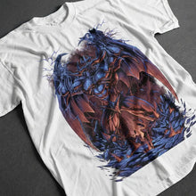T-shirt géant fantastique en coton blanc avec illustration sombre de dragon musclé bleu et rouge pour t-shirt yu-gi-oh obelisk
