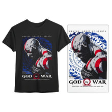 T-shirt god of war kratos noir à manches courtes avec un graphisme rouge et blanc de kratos sur fond bleu foncé