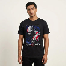 T-shirt god of war kratos noir manches courtes avec impression graphique de war kratos en rouge et blanc sur fond bleu