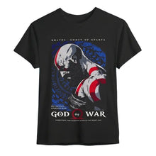 T-shirt god of war kratos noir à manches courtes avec graphisme de kratos en armure rouge et blanche sur fond bleu circulaire
