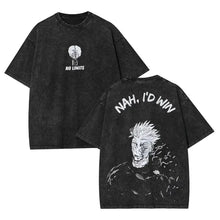 Black oversized t-shirt jujutsu kaisen nah i’d win with faded texture and white graphic prints front and back