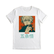 T-shirt coton blanc avec impression anime gojo satoru cheveux blonds yeux bleus sur fond orange idée cadeau