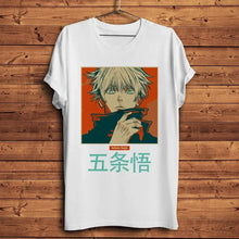 White cotton t-shirt featuring a stylized anime gojo satoru graphic with his name in japanese characters idéal cadeau