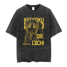 T-shirt manga groupe musique oversize en coton noir distressed avec graphisme jaune ligne anime kesoku dr