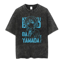 T-shirt manga groupe de musique oversize en coton noir avec design anime cyan et texte en japonais
