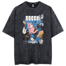 T-shirt manga groupe musique oversize en coton noir avec graphisme anime fille rose jouant guitare et instruments rock