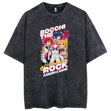 T-shirt manga groupe musique oversize en coton noir délavé avec graphisme coloré du groupe anime bocchi the rock