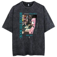 T-shirt manga groupe oversize en coton noir distressed avec imprimé graphique anime bocchi the rock et texte teal japonais