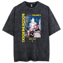 T-shirt manga groupe de musique oversize en coton noir distressed avec un graphisme anime bocchi the rock et texte jaune vertical