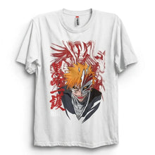 T-shirt bleach col rond manches courtes en coton blanc avec graphisme rouge et noir ichigo kurosaki et texte japonais