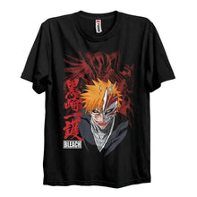 T-shirt bleach col rond manches courtes en coton noir avec graphique ichigo kurosaki de bleach et texte kanji rouge