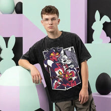 T-shirt noir distressed avec dessins imprimés animés multicolores idée cadeau en vêtements graphiques