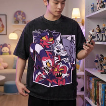 T-shirt noir oversized avec dessins imprimés vibrant des personnages de hazbin hotel en violet rouge et blanc idée cadeau vêtements graphiques