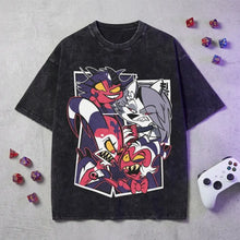 T-shirt coton noir distressed avec dessins imprimés animés de hazbin hotel en rouge violet et blanc idéal idée cadeau vêtements graphiques