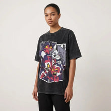 T-shirt noir en coton distressed avec dessins imprimés helluva loona de la série animée idéal idée cadeau vêtements graphiques