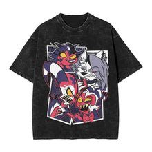 T-shirt noir en coton délavé avec dessins imprimés animés hazbin hotel idéal comme idée cadeau vêtements graphiques