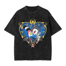 T-shirt en coton noir distressed avec graphique cœur bleu et or animé pour vêtements graphiques et idée cadeau dessins imprimés