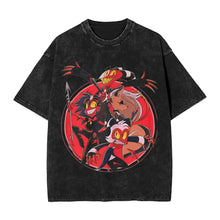 T-shirt noir en coton délavé avec dessin imprimé rouge vif de personnages animés de hazbin hotel idée cadeau vêtements graphiques