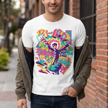 T-shirt mob psycho en coton blanc avec graphisme psychédélique coloré du personnage shigeo kageyama et texte 123-100