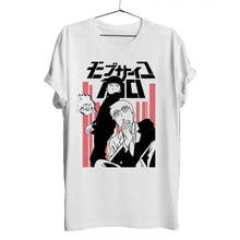 T-shirt mob psycho blanc manches courtes avec graphisme noir et rouge des personnages animés dont shigeo kageyama