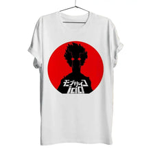 T-shirt mob psycho blanc en coton avec graphique silhouette noire sur cercle rouge et texte japonais sous shigeo kageyama