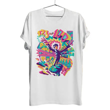 T-shirt mob psycho blanc à manches courtes avec impression psychédélique colorée héro shigeo kageyama