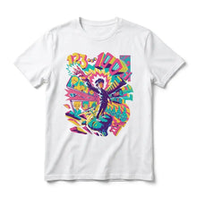 T-shirt mob psycho en coton blanc avec un graphisme psychédélique vibrant de shigeo kageyama et héros aux pouvoirs psychiques