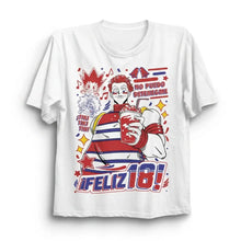 T-shirt hisoka hunter en coton blanc avec graphisme coloré de hisoka hunter x hunter tenant une boisson