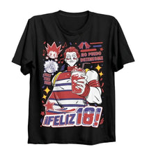 T-shirt hisoka hunter x hunter en coton noir avec graphique vibrant hisoka tenant une boisson rouge et texte feliz 18