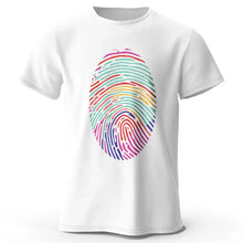T-shirt homme empreinte digitale en coton blanc avec un design empreinte digitale arc-en-ciel vibrant