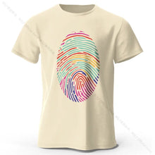 T-shirt homme empreinte digitale en coton crème avec un motif empreinte digitale arc-en-ciel vif sur la poitrine