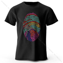 T-shirt homme empreinte digitale en coton noir avec un design empreinte digitale arc-en-ciel vif